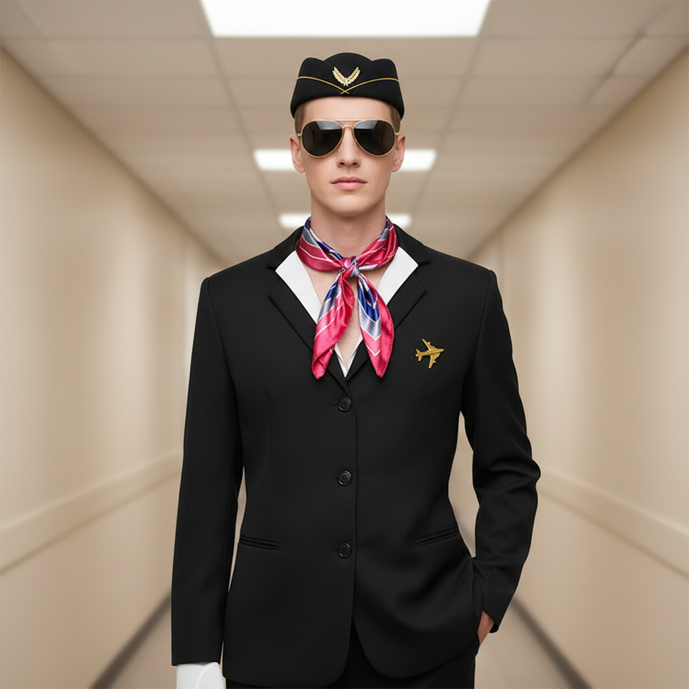 Flight Crew Stewardess Essentials Set: black jacket, gold airplane pin, pink silk scarf, aviators, cap with gold emblem