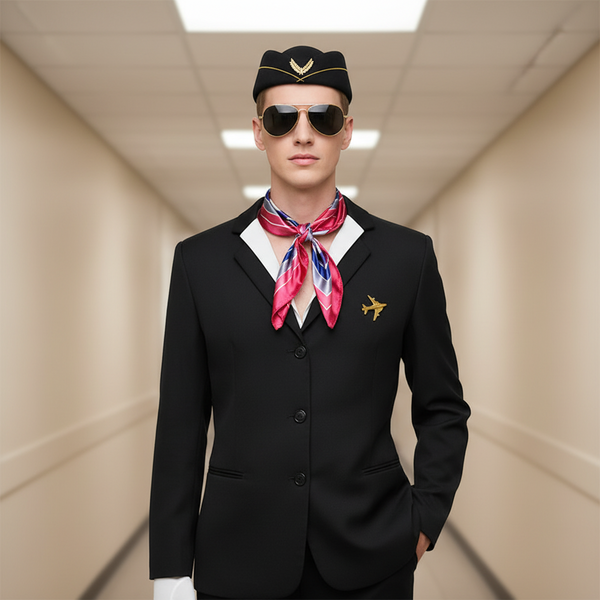 Flight Crew Stewardess Essentials Set: black jacket, gold airplane pin, pink silk scarf, aviators, cap with gold emblem