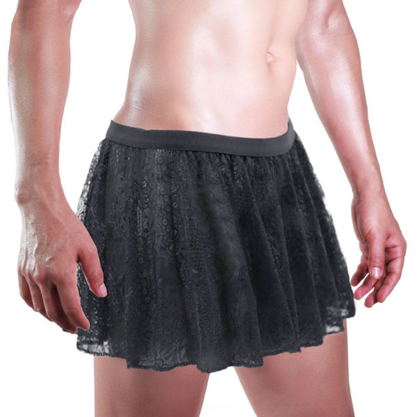 Close-up front view of a model wearing a black floral lace mini skirt with an elastic waistband