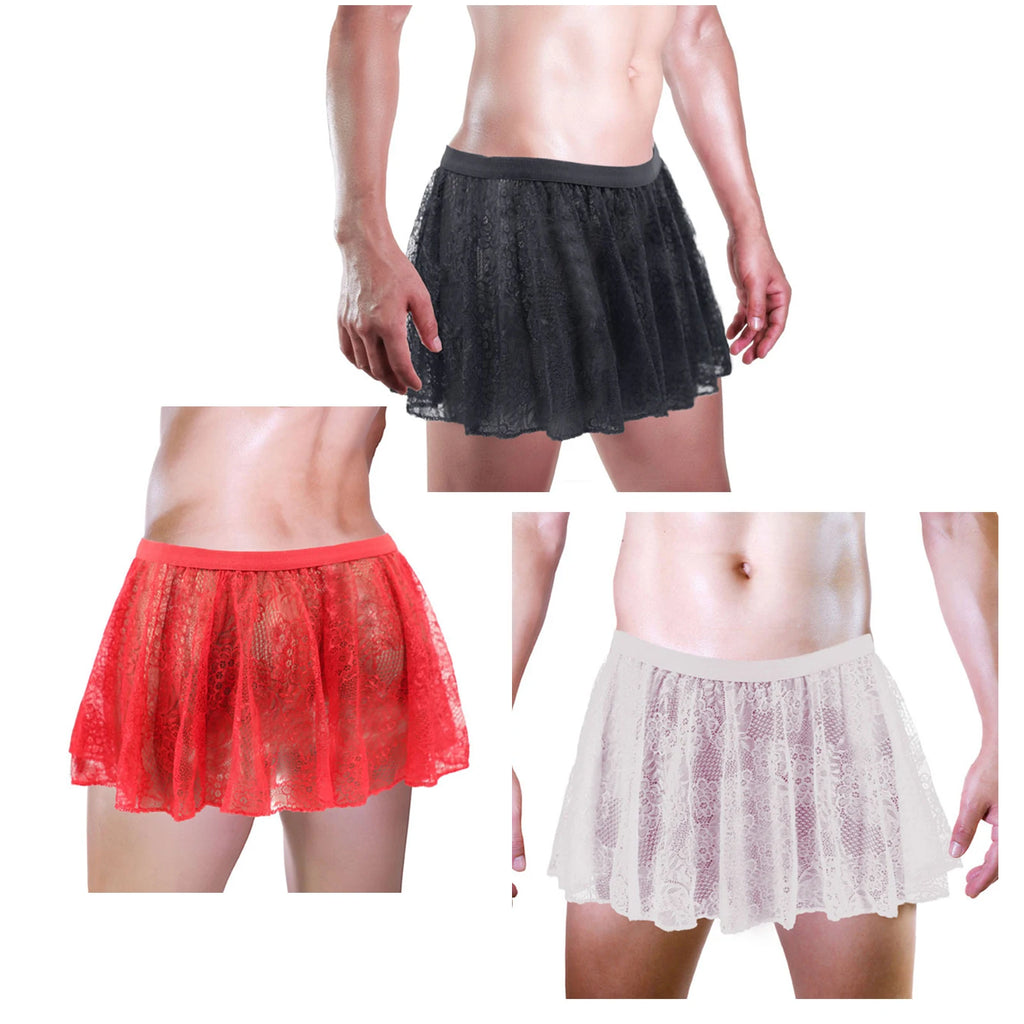 Collage showing a model wearing black, red, and white sheer floral lace skirts
