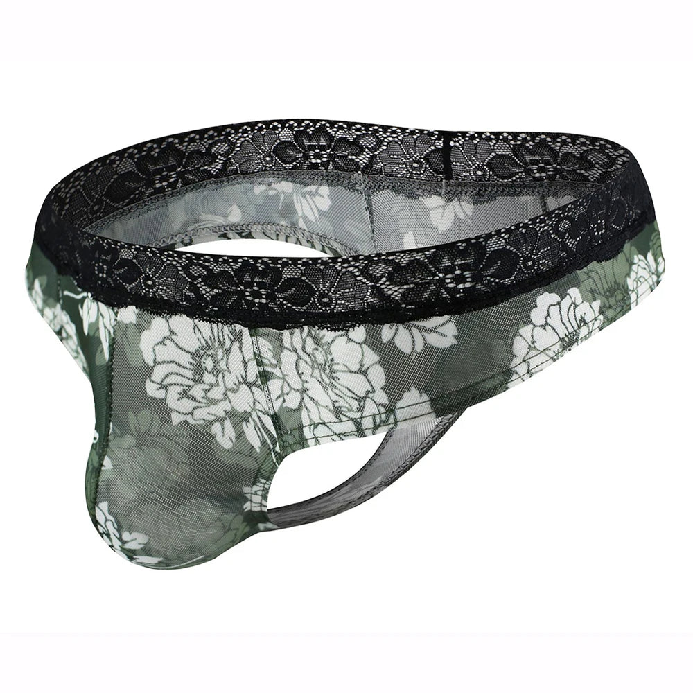 Green floral-print mesh men's thong with black lace waistband, shown at an angle