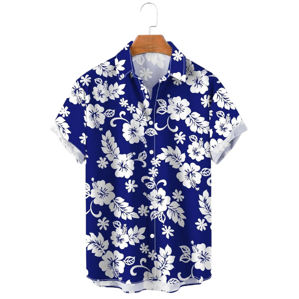 Front view of a navy short-sleeve shirt with an all-over white floral print on a hanger