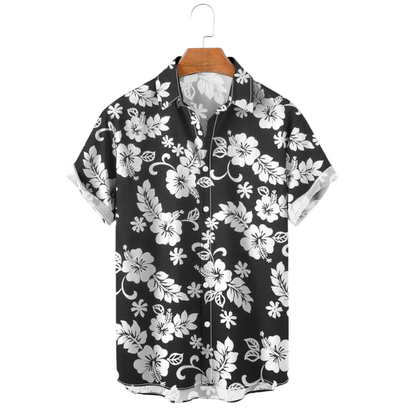 Black short-sleeve floral button-up shirt displayed on a wooden hanger