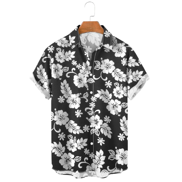 Black short-sleeve floral button-up shirt displayed on a wooden hanger
