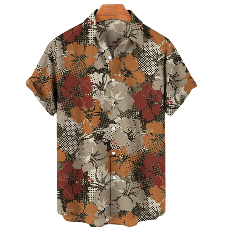 Front view of a short-sleeve floral button-up shirt on a wooden hanger