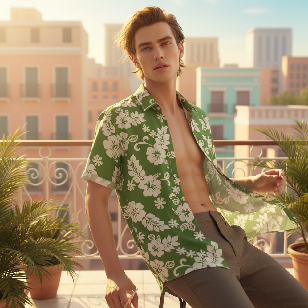Model wearing an open green floral short-sleeve shirt on a sunny balcony