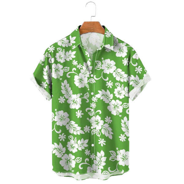 Green short-sleeve button-up shirt with an all-over white floral print on a hanger