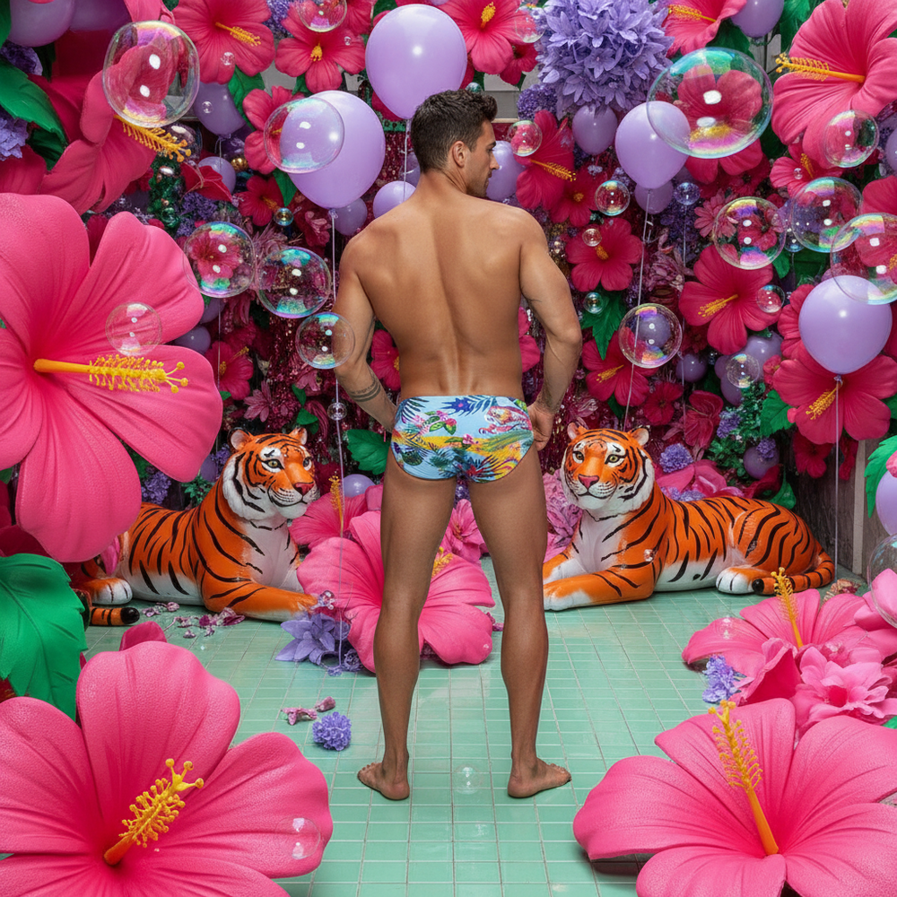 Rear view of a person wearing colorful floral-and-tiger swim briefs among flowers and balloons