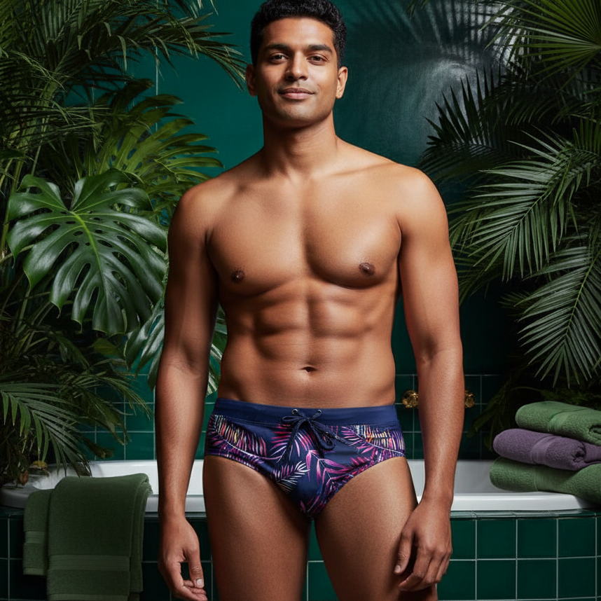Floral Fern Swim Briefs stands in a spa-like bathroom with green plants, earthy towels, a white tub, and dark green tiles