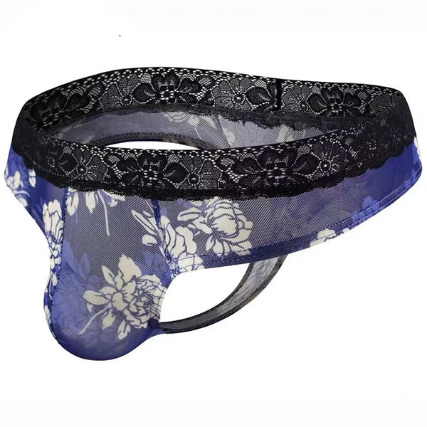 Floral Lace Thong: A semi-sheer, blue thong with white floral patterns and a bold black lace waistband