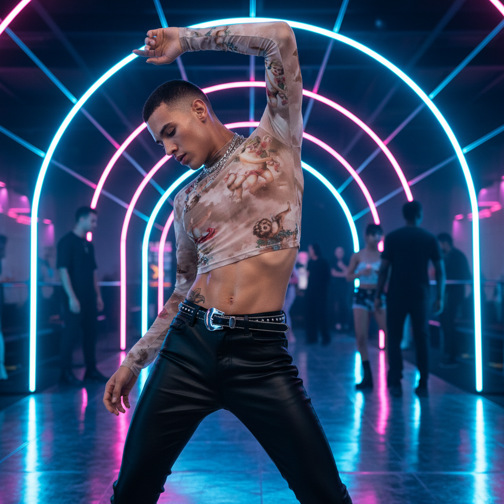 Model wearing a sheer floral cherub-print mesh crop top in a neon-lit club