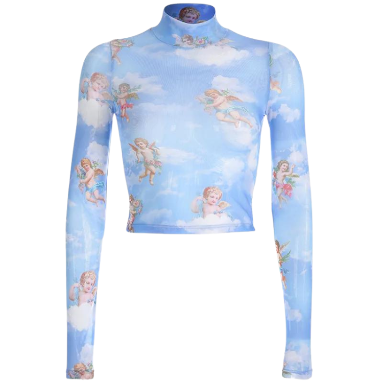 Front view of a sheer blue mesh crop top with long sleeves and cherub-and-cloud print