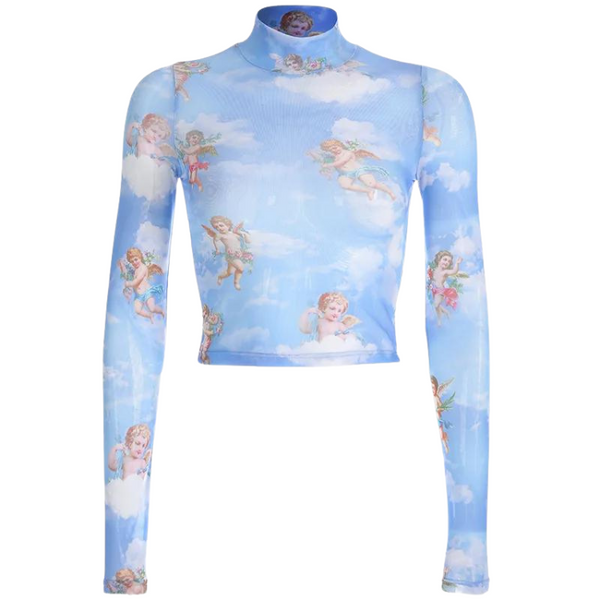 Front view of a sheer blue mesh crop top with long sleeves and cherub-and-cloud print