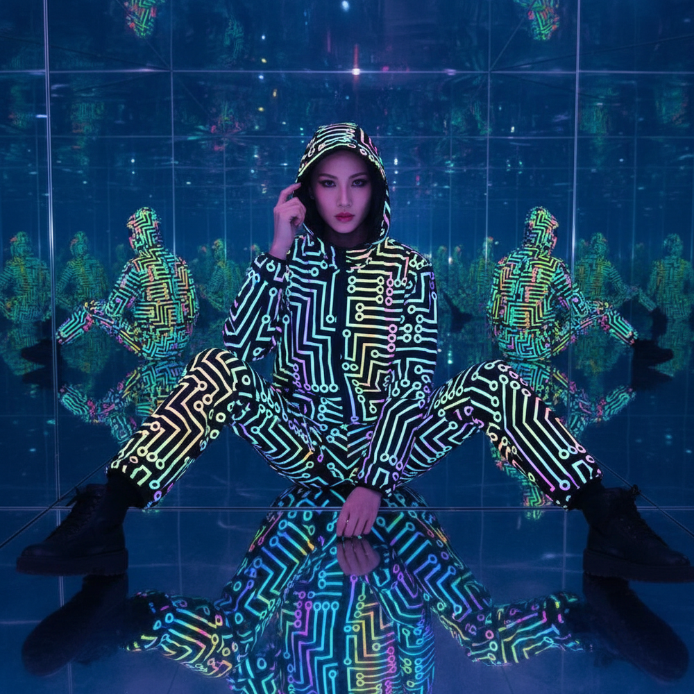 Model seated in a neon circuit-print hooded jacket and matching pants