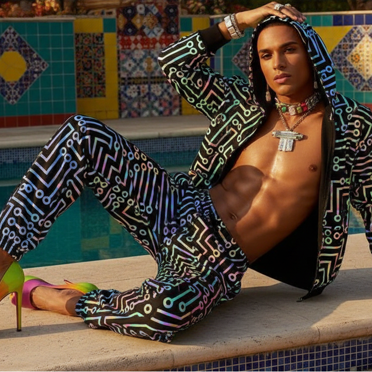 Seated model in a neon circuit-print hoodie jacket and matching pants by a pool