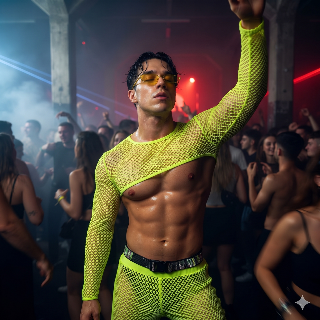 Model in a neon yellow fishnet crop top and matching pants at a nightclub