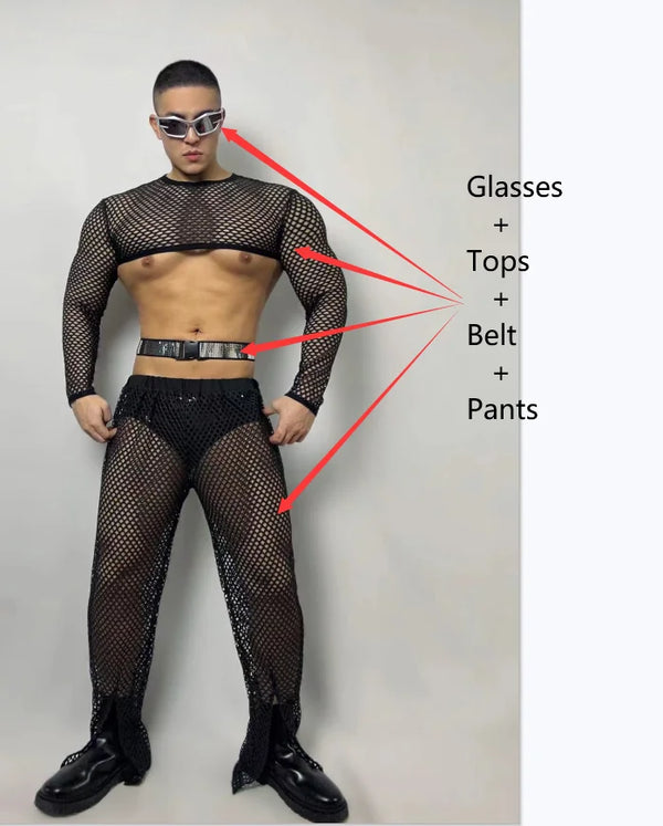Front-facing model wearing a black fishnet crop top, belt, pants, and sunglasses
