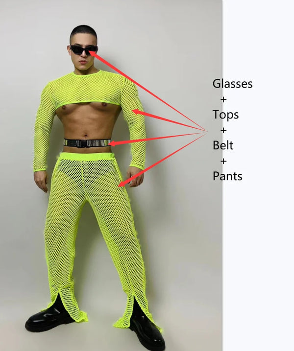 Front-view model wearing a neon yellow fishnet crop top and pants with sunglasses and belt