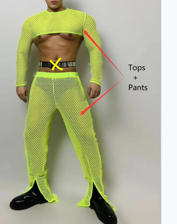 Front-view model wearing a neon yellow fishnet crop top and matching pants