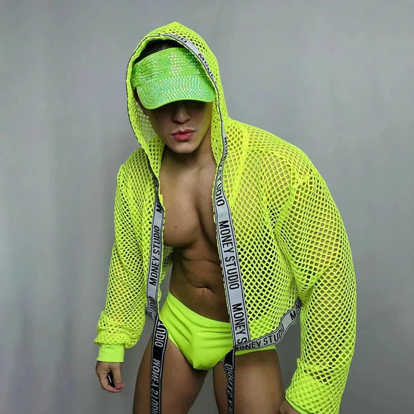 Front-facing model in a neon green mesh hooded jacket, cap, and briefs