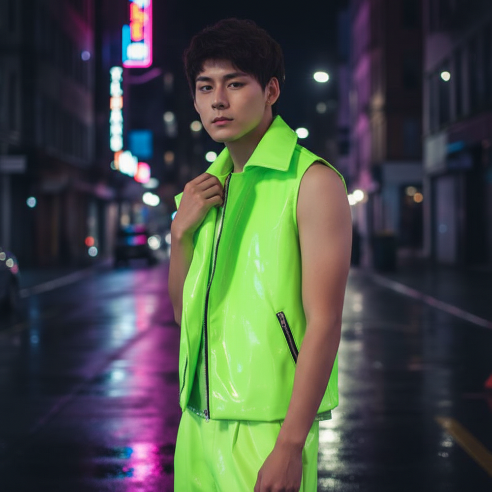 Model wearing a glossy fluorescent green zip-front vest on a neon-lit city street
