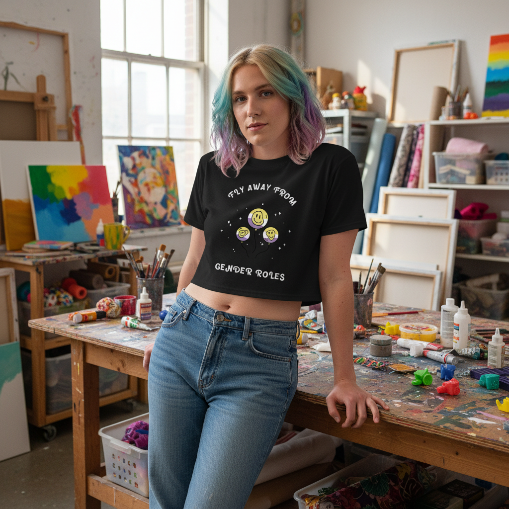 Fly Away From Gender Roles crop top with cartoon planets