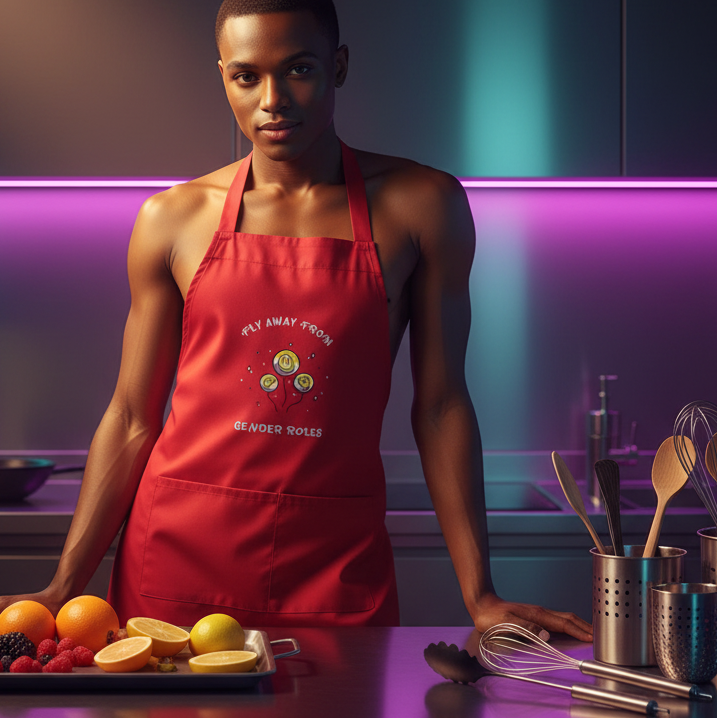 Person wearing a red apron reading “FLY AWAY FROM GENDER ROLES” in a lit kitchen