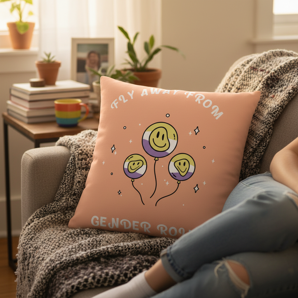 Fly Away From Gender Roles Premium Pillow with smiley face balloons, bold text