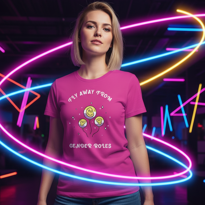 Unisex cotton pride tee with smiley face balloons and bright neon swirls