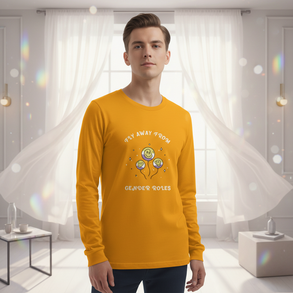 Unisex long sleeve tee with bold yellow "Fly Away From Gender Roles" design and smiling balloons