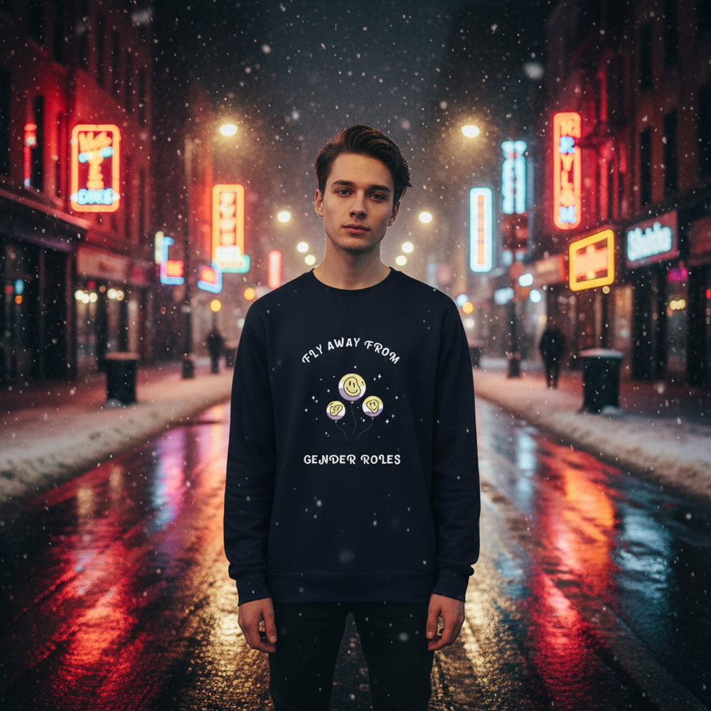 Person wearing a black sweatshirt reading “FLY AWAY FROM GENDER ROLES” in a snowy neon-lit street