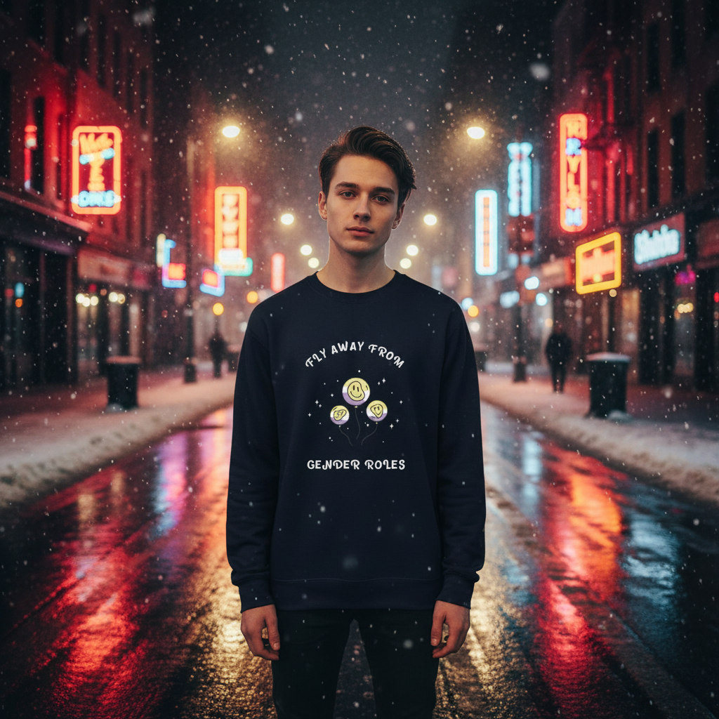 Person wearing a black sweatshirt reading “FLY AWAY FROM GENDER ROLES” in a snowy neon-lit street
