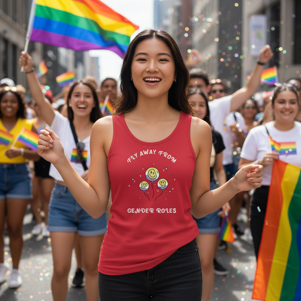 Fly Away From Gender Roles Unisex Tank Top worn by a smiling person at Pride, rainbow flags waving, confetti flying
