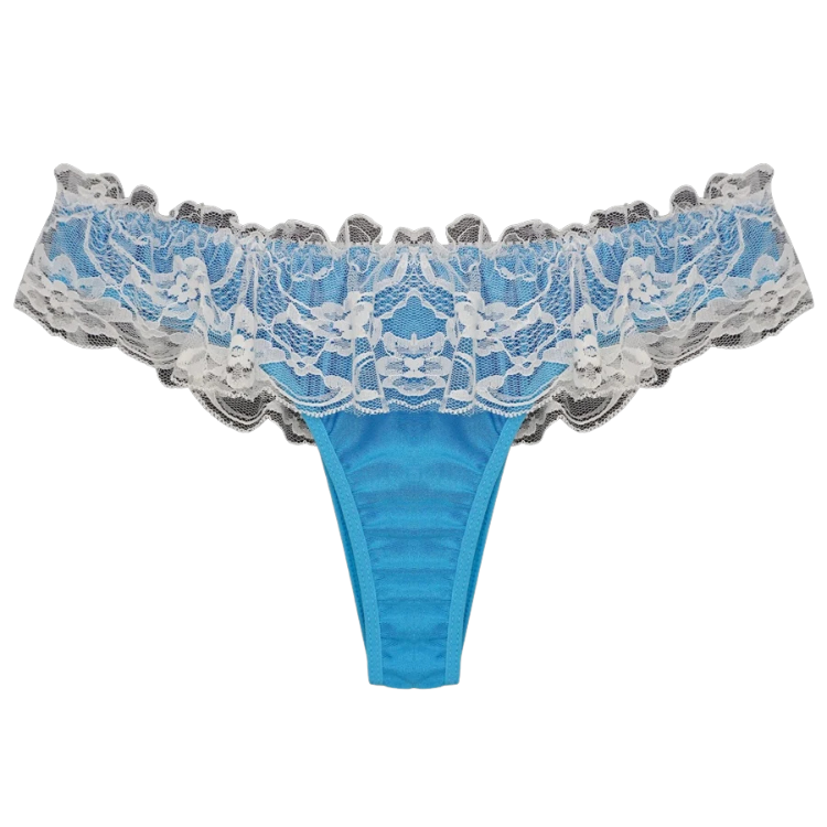 For Queer Kings Who Love Lace Thongs: Bright blue thong with white floral lace ruffle