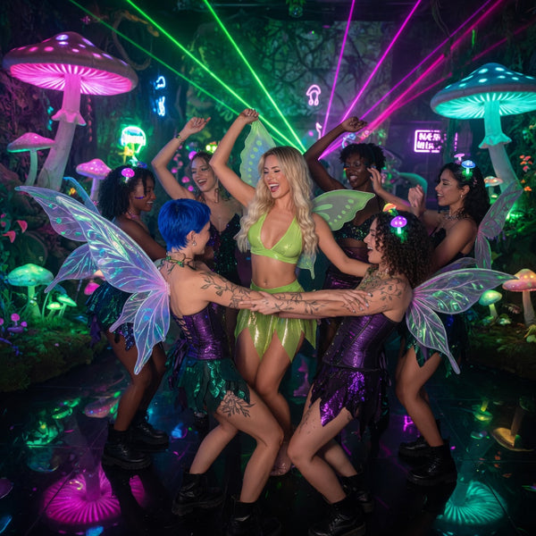 Group of people dancing in a glowing mushroom forest, centered on a green fairy costume with wings