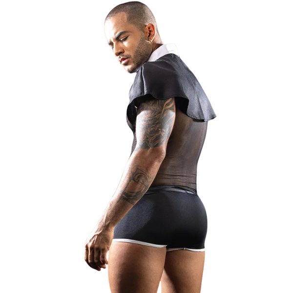 Rear three-quarter view of a model in a black priest costume with cape and shorts