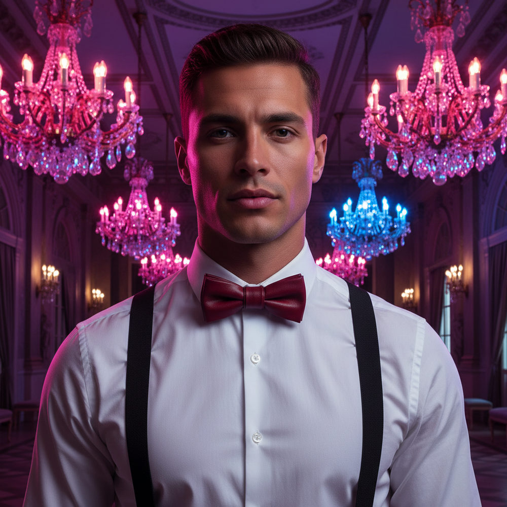 Close-up of a person wearing a burgundy leather bow tie with a white shirt