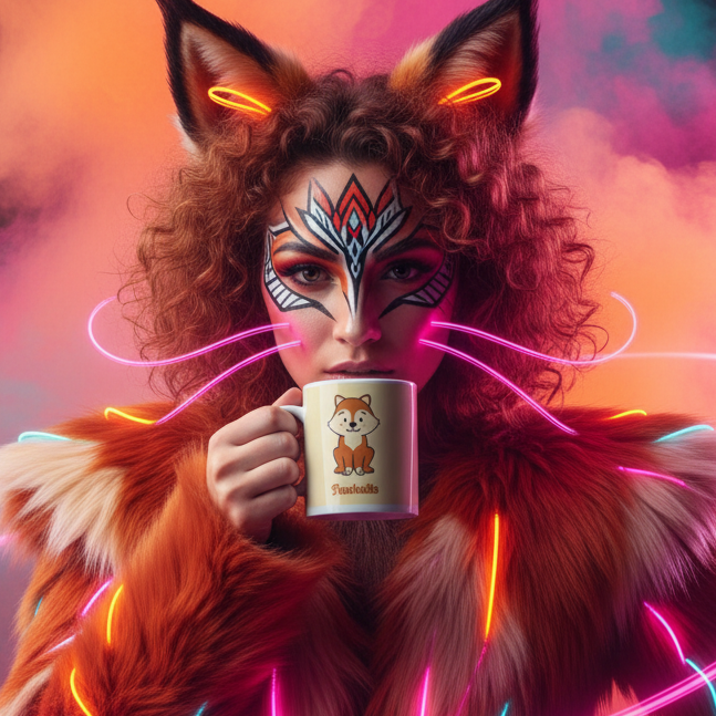 A vibrant portrait featuring a person in a fox-inspired ensemble, holding the Fox Butt Drive Me Nuts!
