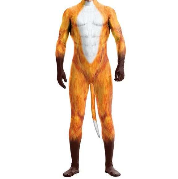Front-view model wearing an orange-and-white fox-print full-body bodysuit with a tail