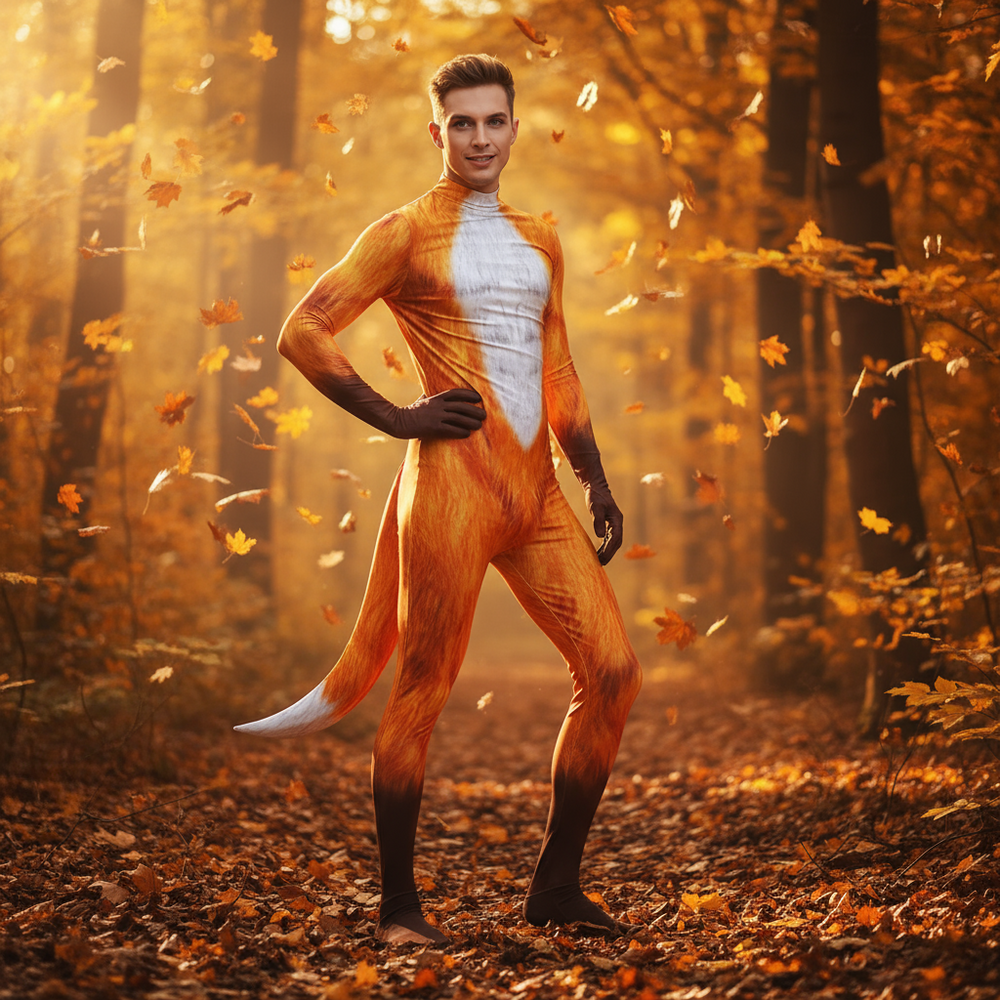 Person in an orange fox-print bodysuit with a white chest and long tail in an autumn forest