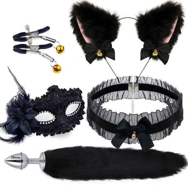 Flat lay of a black fox-ear costume set with mask, choker, tail, clamps, and plug