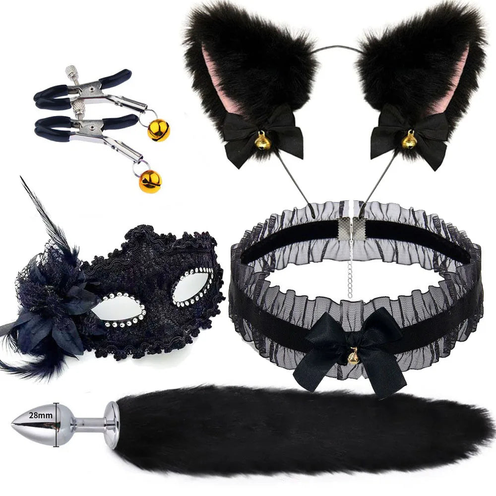 Flat lay of a black fox-ear costume set with mask, choker, tail, clamps, and plug