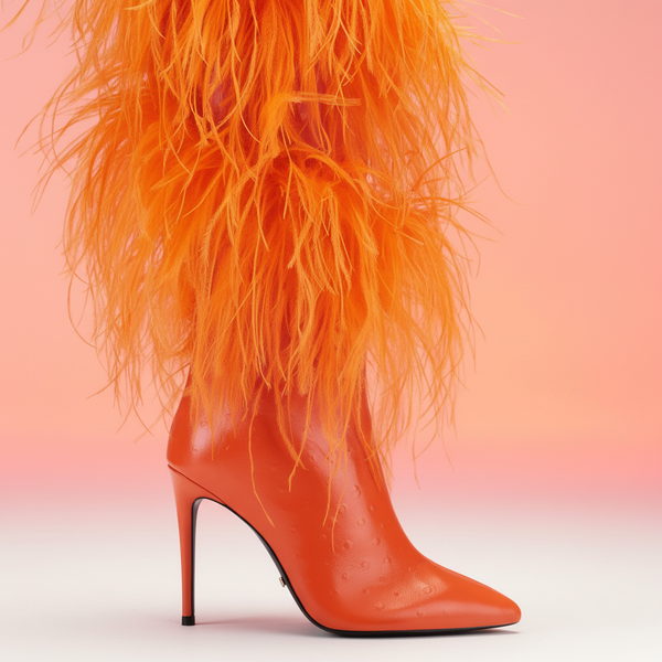 Side view of an orange pointed-toe stiletto boot with long shaggy faux-fur shaft