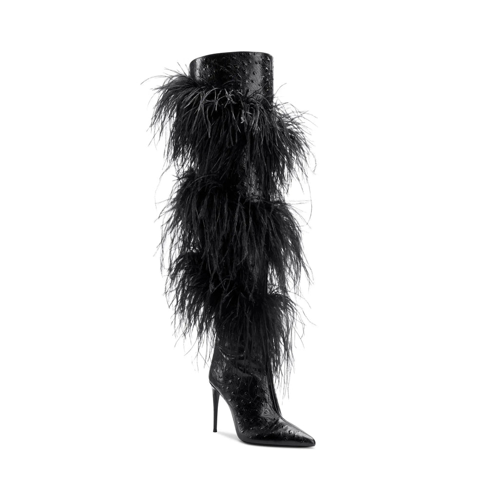 Side view of a black ostrich-feather boot with a pointed toe and stiletto heel