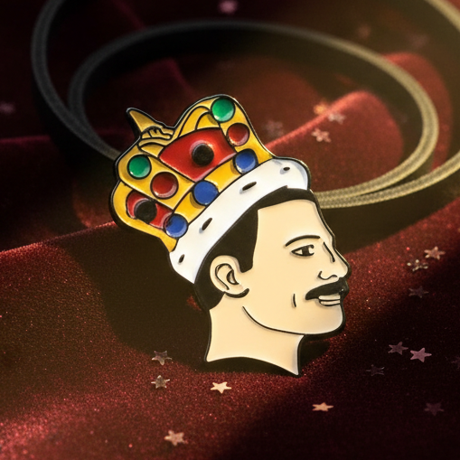 Freddie Mercury enamel pin with a jeweled crown on red star-patterned fabric