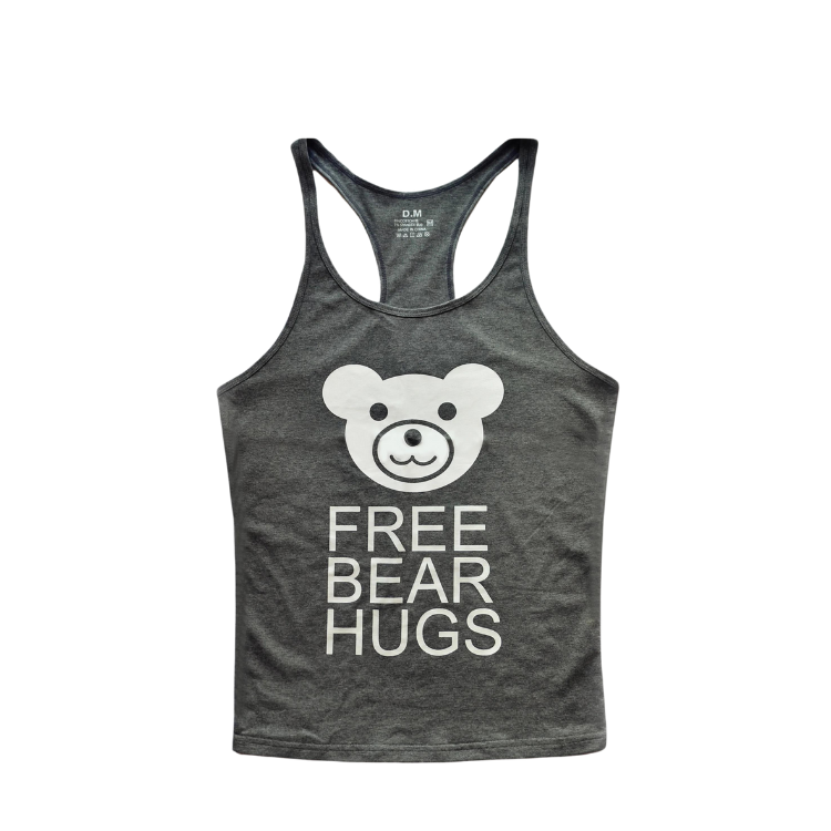 Front view of a dark gray tank top with a bear face and “FREE BEAR HUGS” text