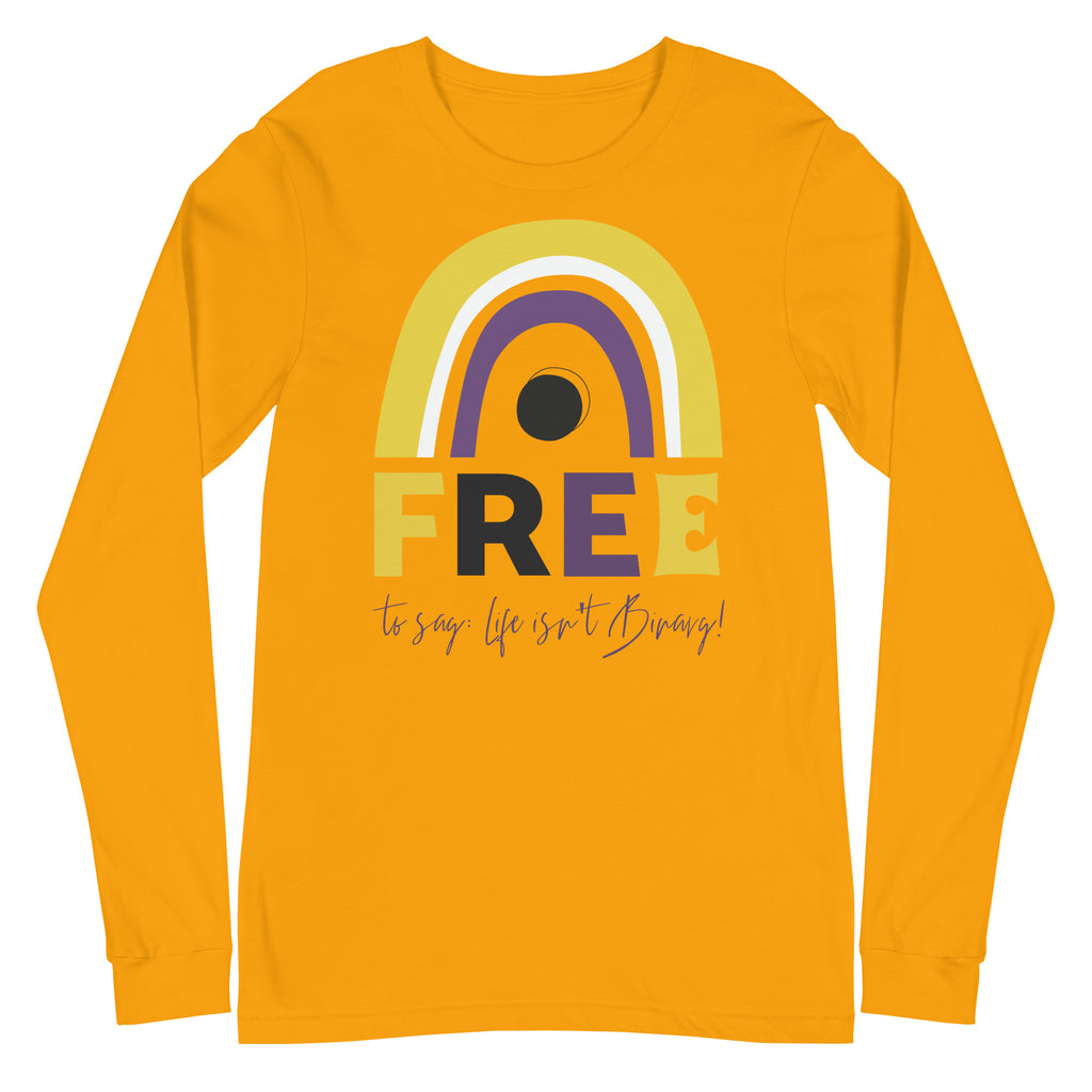 Front view of an orange long-sleeve shirt with a rainbow graphic and “FREE” text
