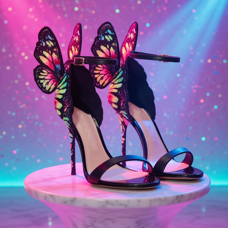 Butterfly high heels with black straps and bold wings pop on a marble table