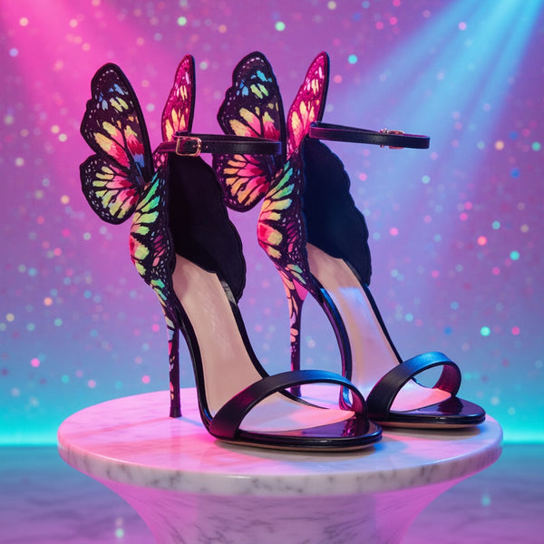 Butterfly high heels with black straps and bold wings pop on a marble table