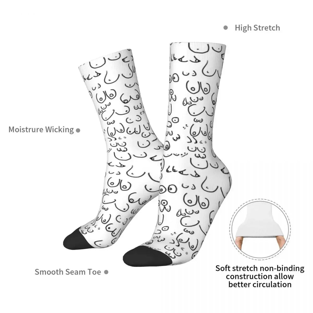 Pair of white crew socks covered in black breast illustrations with black toes